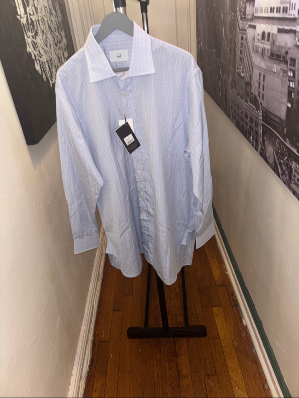Dunhill Light Blue Mens Dress Shirt with Subtle White Pinstripe